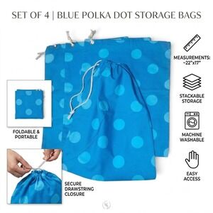 Set of 4 Blue Polka Dot Drawstring Storage Bags Organizer Laundry Pouch 22x17